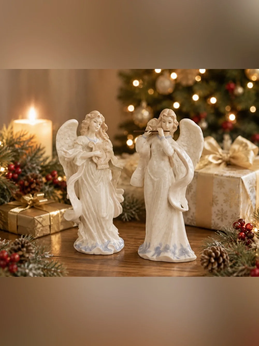 Grandeur Noel 2000 Porcelain Angel Set 2pc Collectible Christmas Angels